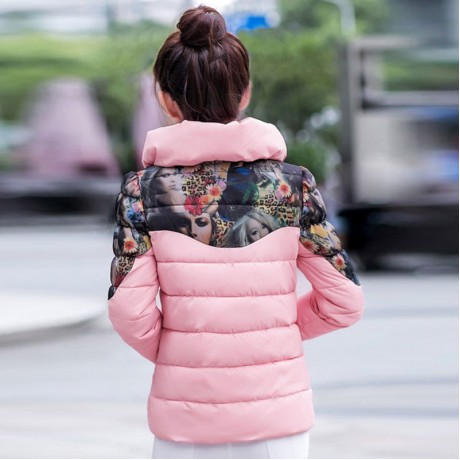 FASHION SLIM PRINTING PATTERN PACKETS DECORATION SHORT COTTON DOWN JACKET COAT FOR WOMEN (