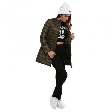 CHIC COLLARLESS LONG SLEEVE SINGLE BREASTED SOLID COLOR PADDED COAT FOR WOMEN (ARMY GREEN 