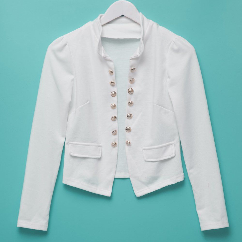 STYLISH STAND-UP COLLAR LONG SLEEVE DOUBLE-BREASTED WOMEN'S BLAZER (WHITE, SIZE ONE SIZE F STYLISH STAND-UP COLLAR LONG SLEEVE DOUBLE-BREASTED WOMEN'S BLAZER (WHITE, SIZE ONE SIZE F