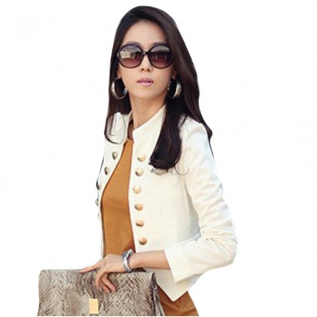 STYLISH STAND-UP COLLAR LONG SLEEVE DOUBLE-BREASTED WOMEN'S BLAZER (WHITE, SIZE ONE SIZE F