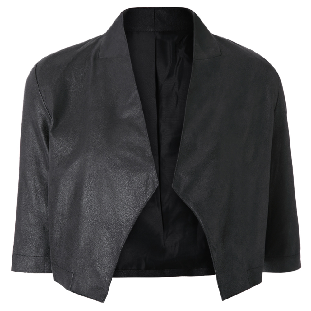 STYLISH TURN DOWN COLLAR 3/4 SLEEVE PURE COLOR ASYMMETRICAL WOMEN'S COAT (BLACK, SIZE S/M/ STYLISH TURN DOWN COLLAR 3/4 SLEEVE PURE COLOR ASYMMETRICAL WOMEN'S COAT (BLACK, SIZE S/M/