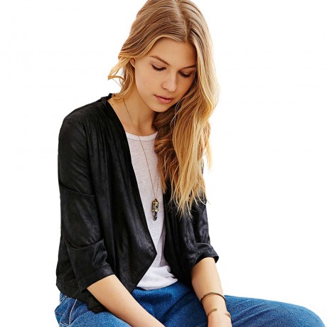 STYLISH TURN DOWN COLLAR 3/4 SLEEVE PURE COLOR ASYMMETRICAL WOMEN'S COAT (BLACK, SIZE S/M/