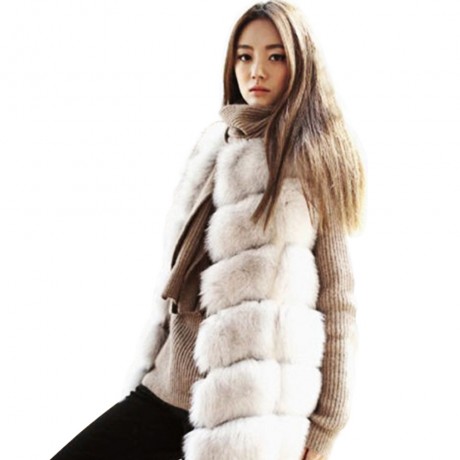 FASHIONABLE ROUND NECK SLEEVELESS PURE COLOR FAUX FUR WAISTCOAT FOR WOMEN (WHITE, SIZE S/M