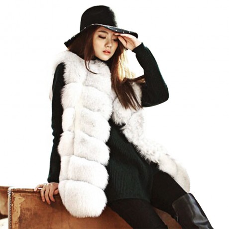 FASHIONABLE ROUND NECK SLEEVELESS PURE COLOR FAUX FUR WAISTCOAT FOR WOMEN (WHITE, SIZE S/M