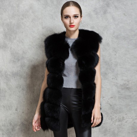 FASHIONABLE ROUND NECK SLEEVELESS PURE COLOR FAUX FUR WAISTCOAT FOR WOMEN (BLACK, SIZE S/M
