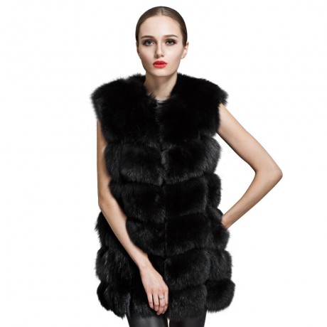 FASHIONABLE ROUND NECK SLEEVELESS PURE COLOR FAUX FUR WAISTCOAT FOR WOMEN (BLACK, SIZE S/M