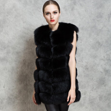 FASHIONABLE ROUND NECK SLEEVELESS PURE COLOR FAUX FUR WAISTCOAT FOR WOMEN (BLACK, SIZE S/M
