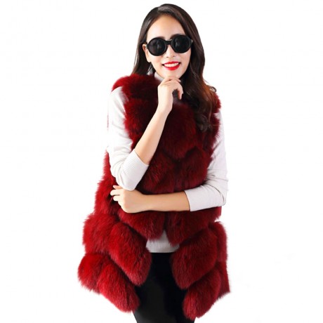 FASHIONABLE ROUND NECK SLEEVELESS PURE COLOR FAUX FUR WAISTCOAT FOR WOMEN (WINE RED, SIZE 