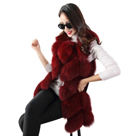 FASHIONABLE ROUND NECK SLEEVELESS PURE COLOR FAUX FUR WAISTCOAT FOR WOMEN (WINE RED, SIZE 