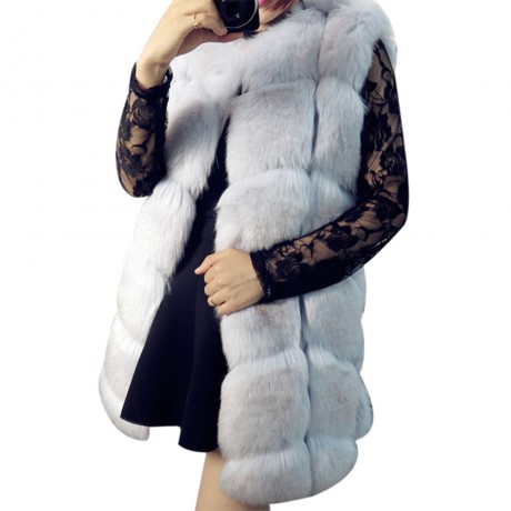 FASHIONABLE ROUND NECK SLEEVELESS PURE COLOR FAUX FUR WAISTCOAT FOR WOMEN (GRAY, SIZE S/M/