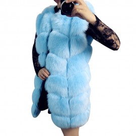 FASHIONABLE ROUND NECK SLEEVELESS PURE COLOR FAUX FUR WAISTCOAT FOR WOMEN (BLUE, SIZE S/M/