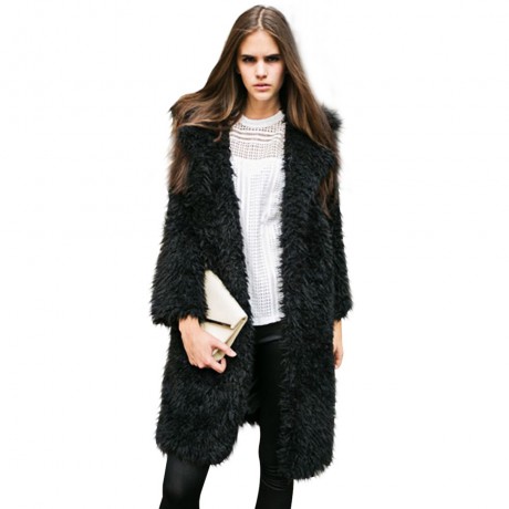 STYLISH ELEGANT TURN-DOWN COLLAR THREE QUARTER SLEEVE HAIRY WOMEN OUTWEAR TOP (BLACK, SIZE