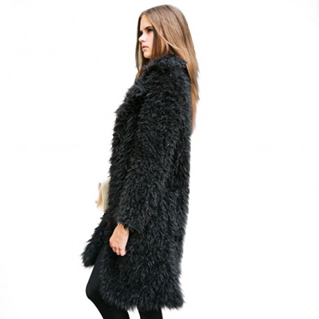STYLISH ELEGANT TURN-DOWN COLLAR THREE QUARTER SLEEVE HAIRY WOMEN OUTWEAR TOP (BLACK, SIZE