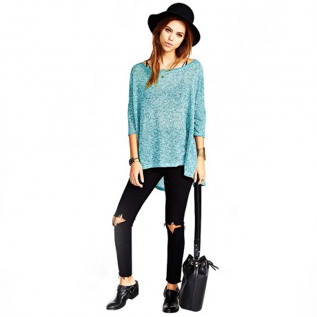 STYLISH ROUND NECK THREE QUARTER SLEEVE IRREGULAR HEM BACK SLIT WOMEN T-SHIRT (GREEN, SIZE