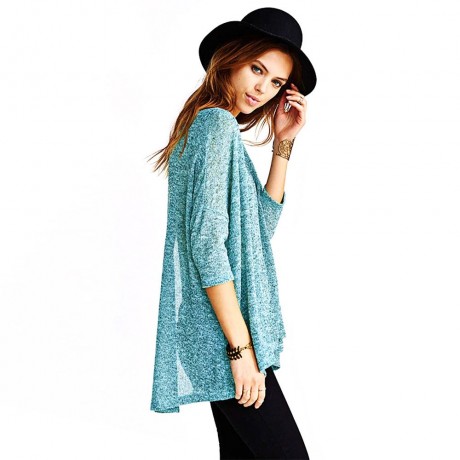 STYLISH ROUND NECK THREE QUARTER SLEEVE IRREGULAR HEM BACK SLIT WOMEN T-SHIRT (GREEN, SIZE