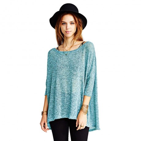 STYLISH ROUND NECK THREE QUARTER SLEEVE IRREGULAR HEM BACK SLIT WOMEN T-SHIRT (GREEN, SIZE