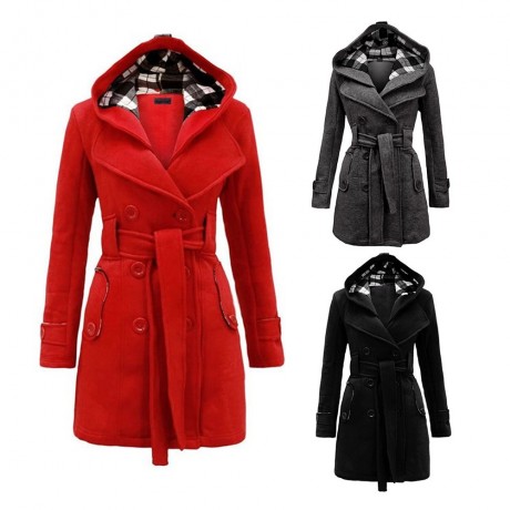 TRENDY HOODED DOUBLE-BREASTED POCKET OVERCOAT FOR WOMEN (DEEP GRAY, SIZE M/L/XL/2XL)