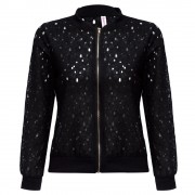 TRENDY ROUND COLLAR ZIPPER HOLLOW OUT SLIM COAT FOR WOMEN (BLACK, SIZE S/M/L/XL)