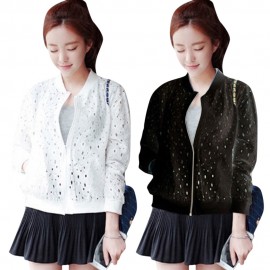 TRENDY ROUND COLLAR ZIPPER HOLLOW OUT SLIM COAT FOR WOMEN (BLACK, SIZE S/M/L/XL)