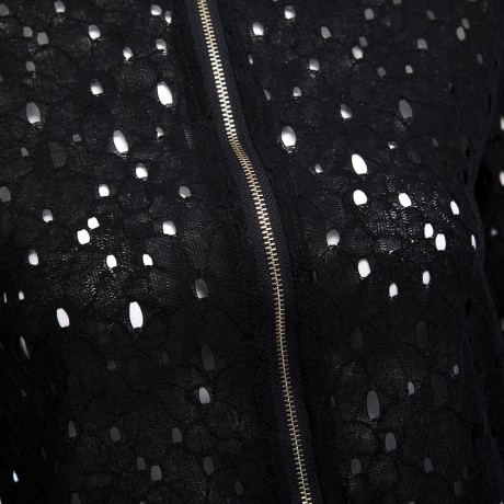 TRENDY ROUND COLLAR ZIPPER HOLLOW OUT SLIM COAT FOR WOMEN (BLACK, SIZE S/M/L/XL)