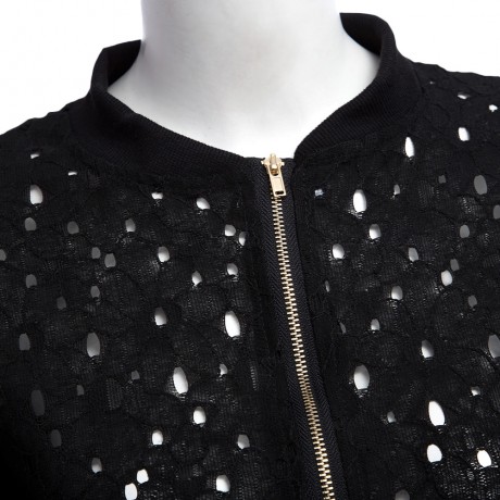 TRENDY ROUND COLLAR ZIPPER HOLLOW OUT SLIM COAT FOR WOMEN (BLACK, SIZE S/M/L/XL)