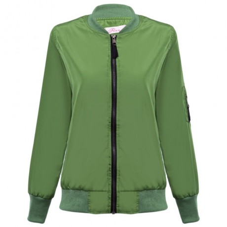 ZIPPED ROUND COLLAR SOLID COLOR SHORT COAT FOR LADIES (PEA GREEN, SIZE S/M/L/XL)