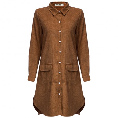TURN-DOWN COLLAR LONG SLEEVE CORDUROY LOOSE BLOUSE FOR LADIES (KHAKI, SIZE S/M/L)