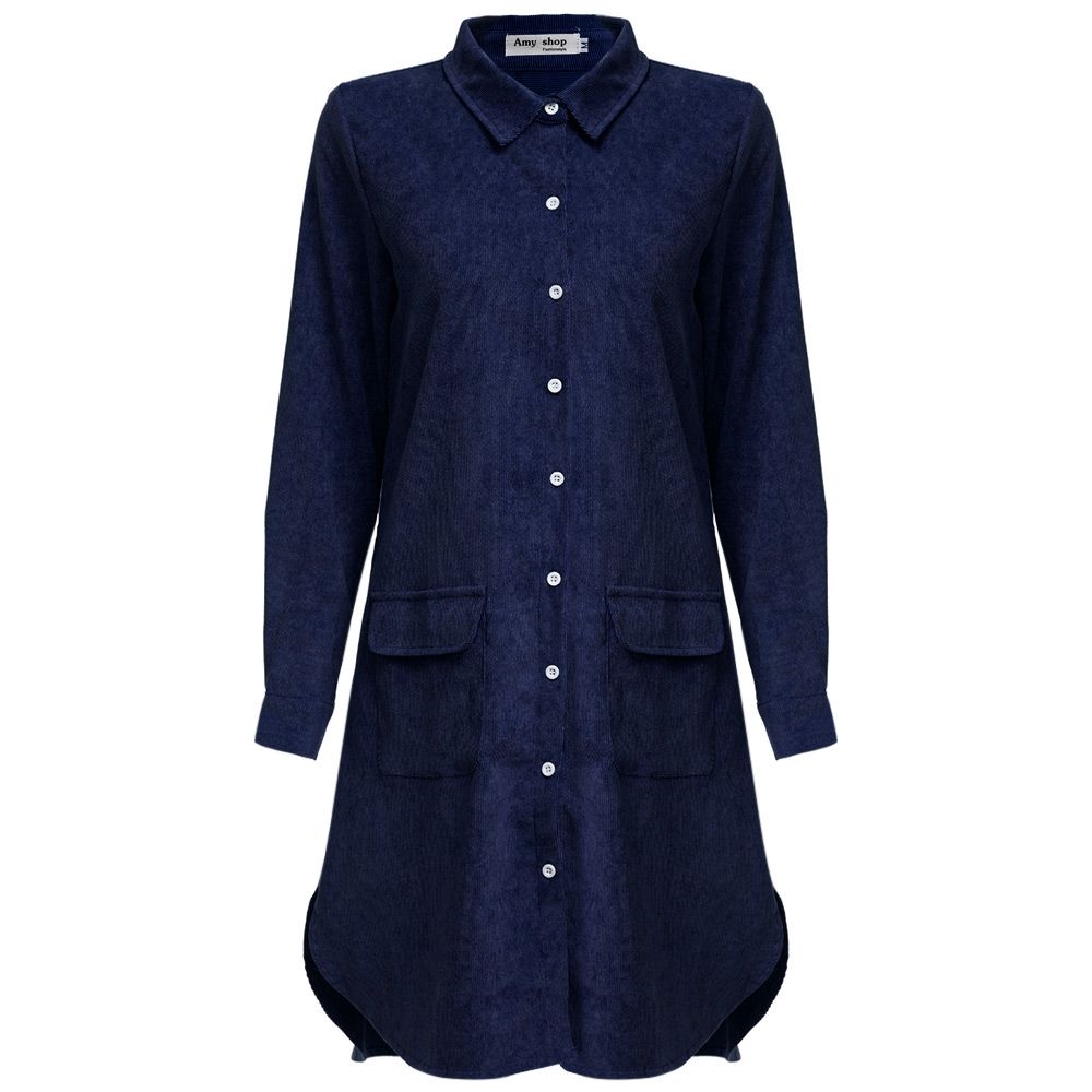 TURN-DOWN COLLAR LONG SLEEVE CORDUROY LOOSE BLOUSE FOR LADIES (NAVY BLUE, SIZE S/M/L)