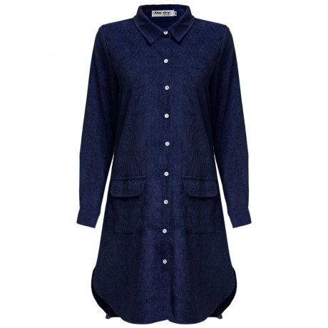 TURN-DOWN COLLAR LONG SLEEVE CORDUROY LOOSE BLOUSE FOR LADIES (NAVY BLUE, SIZE S/M/L)