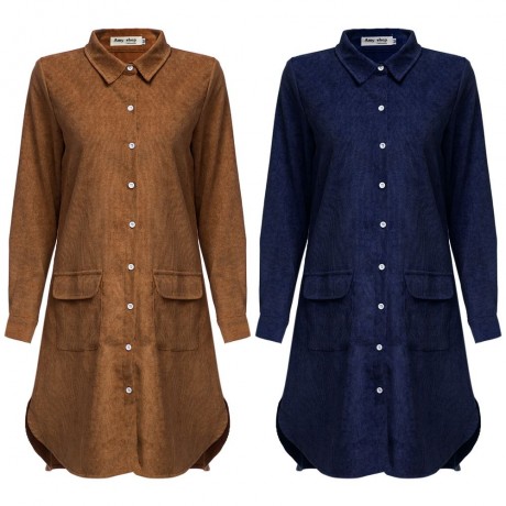 TURN-DOWN COLLAR LONG SLEEVE CORDUROY LOOSE BLOUSE FOR LADIES (NAVY BLUE, SIZE S/M/L)