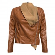 DOUBLE TURN DOWN COLLAR PURE COLOR ZIPPER WATERPROOF LEATHER COAT FOR LADIES (BROWN, SIZE 