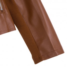 DOUBLE TURN DOWN COLLAR PURE COLOR ZIPPER WATERPROOF LEATHER COAT FOR LADIES (BROWN, SIZE 