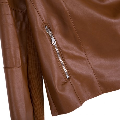 DOUBLE TURN DOWN COLLAR PURE COLOR ZIPPER WATERPROOF LEATHER COAT FOR LADIES (BROWN, SIZE 
