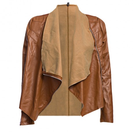 DOUBLE TURN DOWN COLLAR PURE COLOR ZIPPER WATERPROOF LEATHER COAT FOR LADIES (BROWN, SIZE 
