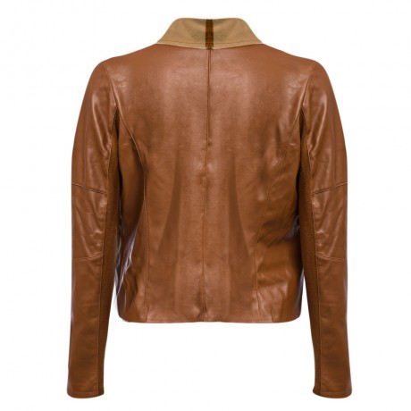 DOUBLE TURN DOWN COLLAR PURE COLOR ZIPPER WATERPROOF LEATHER COAT FOR LADIES (BROWN, SIZE 