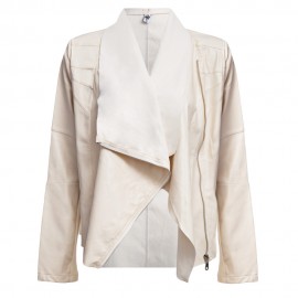 DOUBLE TURN DOWN COLLAR PURE COLOR ZIPPER WATERPROOF LEATHER COAT FOR LADIES (BEIGE, SIZE 