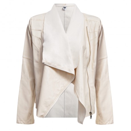 DOUBLE TURN DOWN COLLAR PURE COLOR ZIPPER WATERPROOF LEATHER COAT FOR LADIES (BEIGE, SIZE 