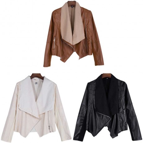 DOUBLE TURN DOWN COLLAR PURE COLOR ZIPPER WATERPROOF LEATHER COAT FOR LADIES (BEIGE, SIZE 