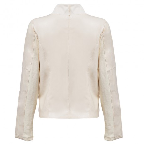 DOUBLE TURN DOWN COLLAR PURE COLOR ZIPPER WATERPROOF LEATHER COAT FOR LADIES (BEIGE, SIZE 