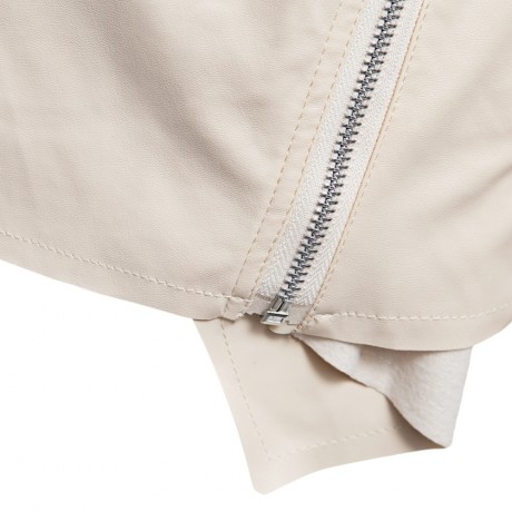 DOUBLE TURN DOWN COLLAR PURE COLOR ZIPPER WATERPROOF LEATHER COAT FOR LADIES (BEIGE, SIZE 