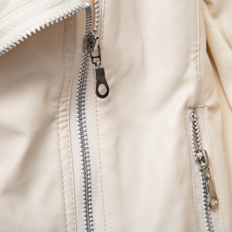 DOUBLE TURN DOWN COLLAR PURE COLOR ZIPPER WATERPROOF LEATHER COAT FOR LADIES (BEIGE, SIZE 