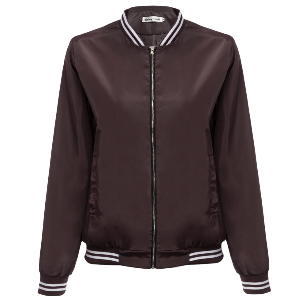 TRENDY ROUND COLLAR LONG SLEEVE PURE COLOR STRIPED WOMEN BASEBALL COAT (BLACK BROWN, SIZE 