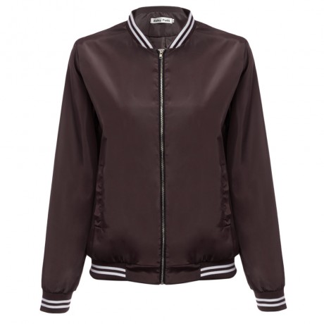 TRENDY ROUND COLLAR LONG SLEEVE PURE COLOR STRIPED WOMEN BASEBALL COAT (BLACK BROWN, SIZE 