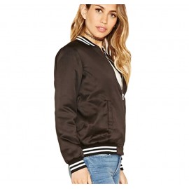 TRENDY ROUND COLLAR LONG SLEEVE PURE COLOR STRIPED WOMEN BASEBALL COAT (BLACK BROWN, SIZE 