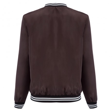 TRENDY ROUND COLLAR LONG SLEEVE PURE COLOR STRIPED WOMEN BASEBALL COAT (BLACK BROWN, SIZE 