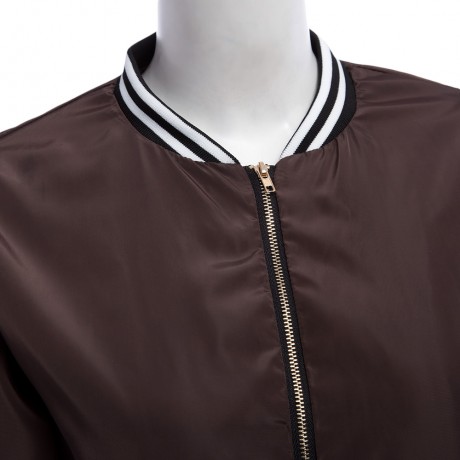 TRENDY ROUND COLLAR LONG SLEEVE PURE COLOR STRIPED WOMEN BASEBALL COAT (BLACK BROWN, SIZE 
