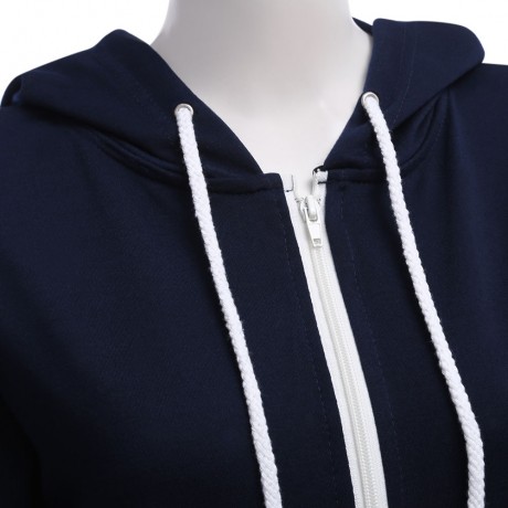 STYLISH HOODED LONG SLEEVE PURE COLOR ZIPPER TYPE HOODIE FOR LADIES (DEEP BLUE, SIZE S/M/L