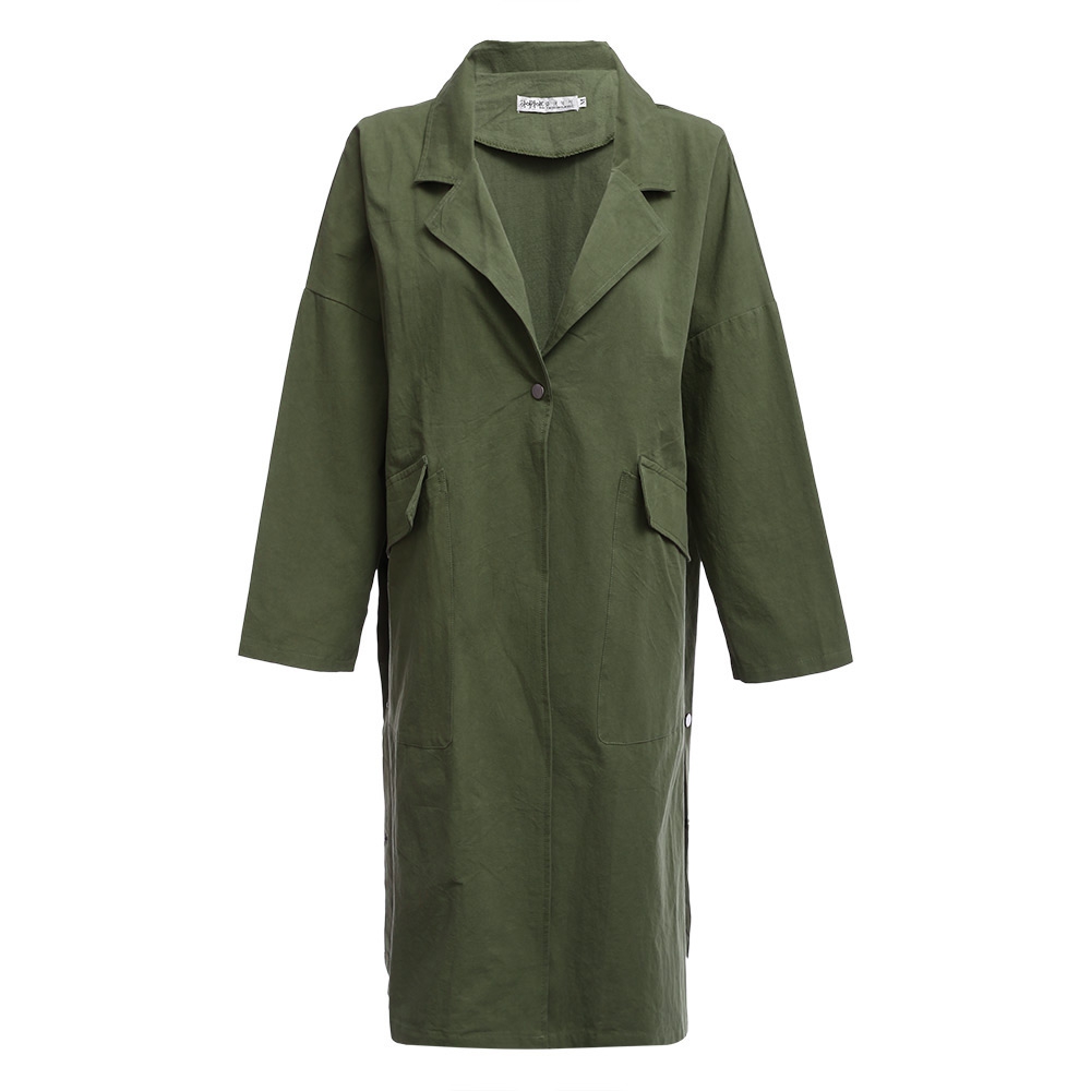 CHIC TURN-DOWN COLLAR THREE QUARTER SLEEVE HEM SLIT LOOSE WOMEN WIND COAT (ARMY GREEN, SIZ