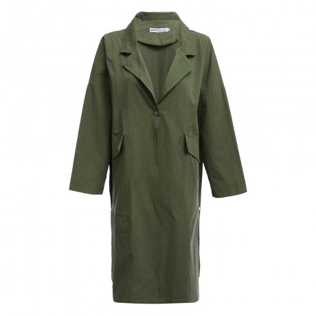 CHIC TURN-DOWN COLLAR THREE QUARTER SLEEVE HEM SLIT LOOSE WOMEN WIND COAT (ARMY GREEN, SIZ