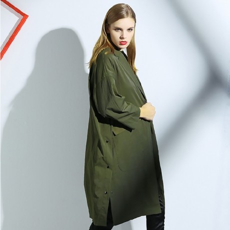 CHIC TURN-DOWN COLLAR THREE QUARTER SLEEVE HEM SLIT LOOSE WOMEN WIND COAT (ARMY GREEN, SIZ